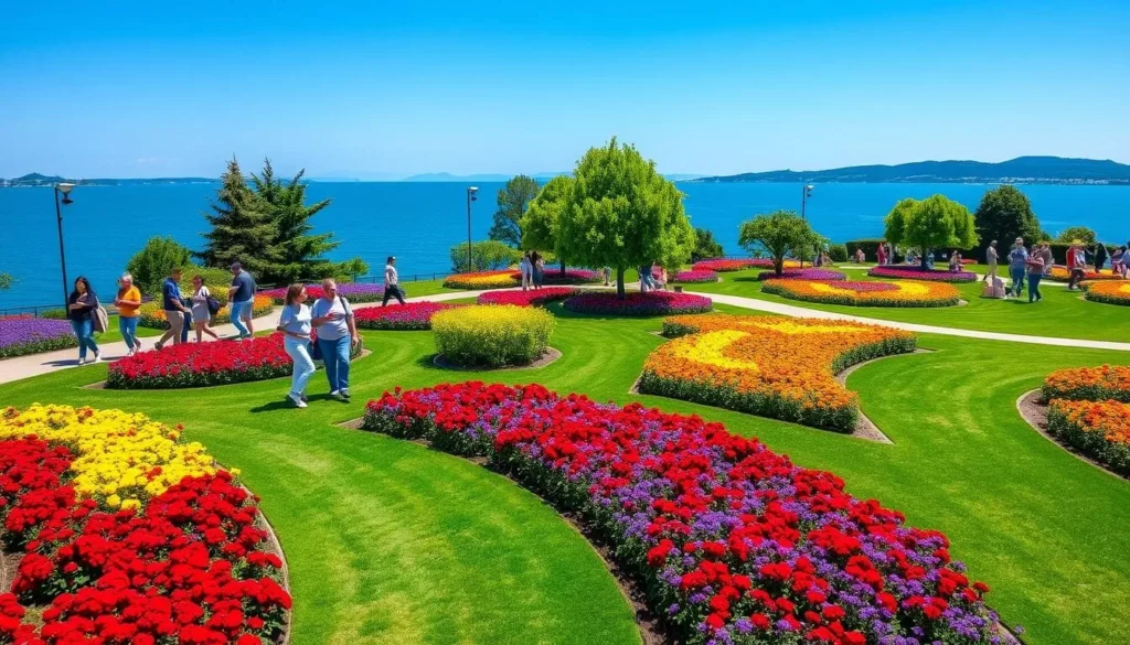 Colorful gardens on Mainau Island with diverse visitors enjoying the flowers