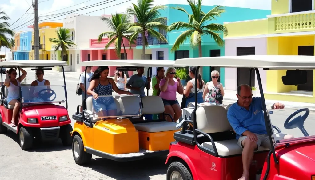 Colorful golf carts parked along a street in Isla Mujeres with tourists of diverse backgrounds preparing to explore the island Colorful golf carts parked along a street in Isla Mujeres with tourists of diverse backgrounds preparing to explore the island