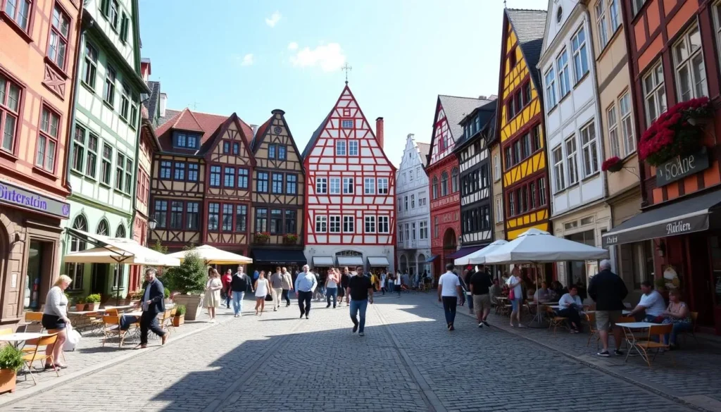 Colorful historic buildings in Baden-Baden's old town with cobblestone streets and outdoor cafes