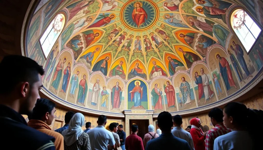 Colorful interior murals of Ura Kidane Mihret Monastery in Zegie Peninsula with visitors admiring the artwork