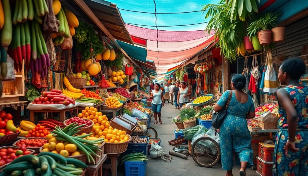 Colorful local market in Les Cayes with fresh produce and crafts
