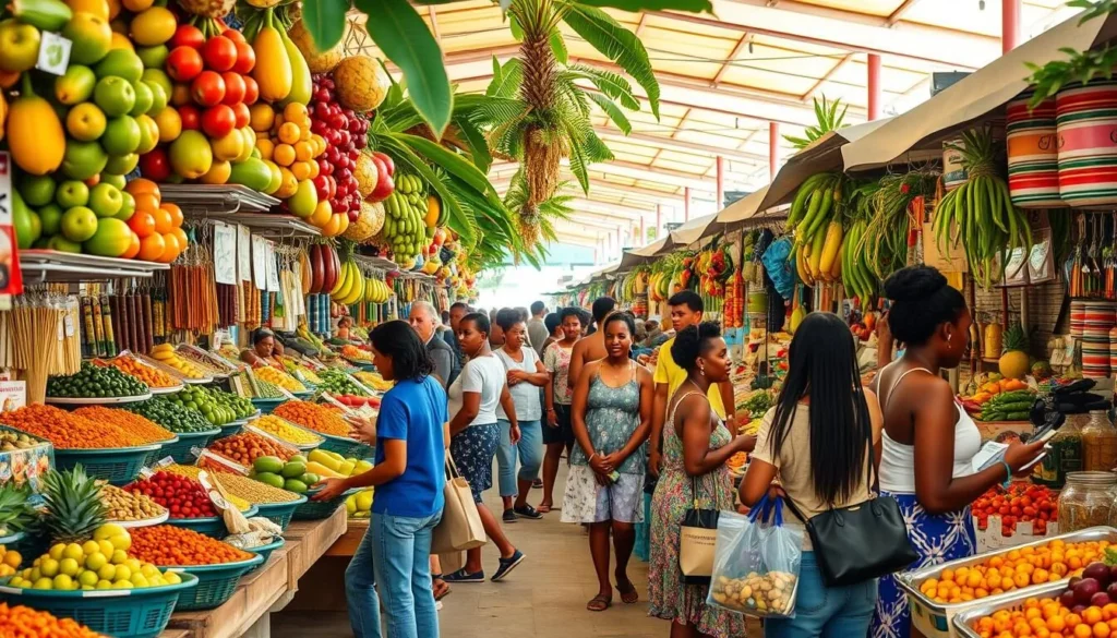 Colorful local market in Les Trois-Ilets with tropical fruits and spices