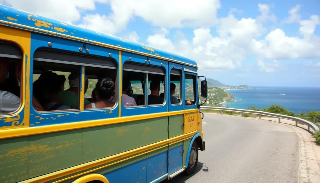 Colorful local minibus in Laborie with passengers and scenic coastal road