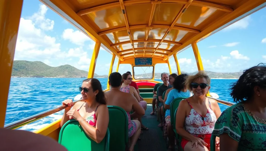 Colorful local taxi boat transporting tourists between Les Trois-Ilets and Fort-de-France