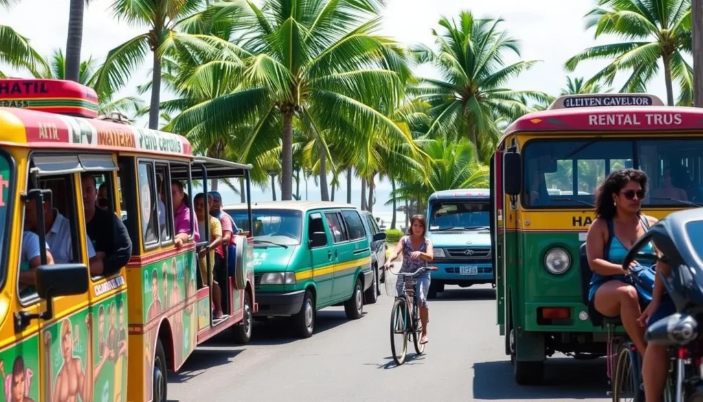 Colorful local transportation options in La Cote des Arcadins with tourists exploring the area