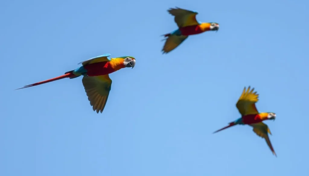Colorful macaws in flight over the Rupununi region near Lethem