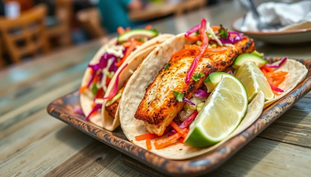 Colorful plate of fresh fish tacos from a local Ocean Beach restaurant
