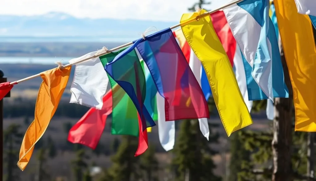 Colorful prayer flags at a sacred Buryat site near Zabaykalsky National Park Colorful prayer flags at a sacred Buryat site near Zabaykalsky National Park