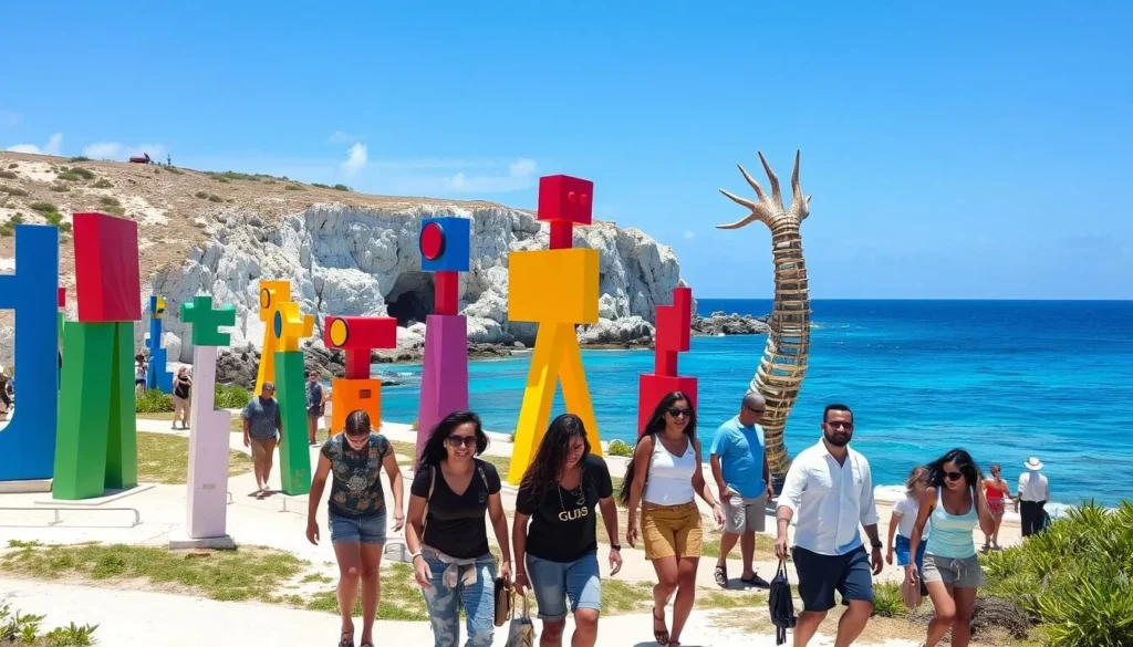 Colorful sculptures at Punta Sur park on Isla Mujeres with Caribbean Sea views Colorful sculptures at Punta Sur park on Isla Mujeres with Caribbean Sea views