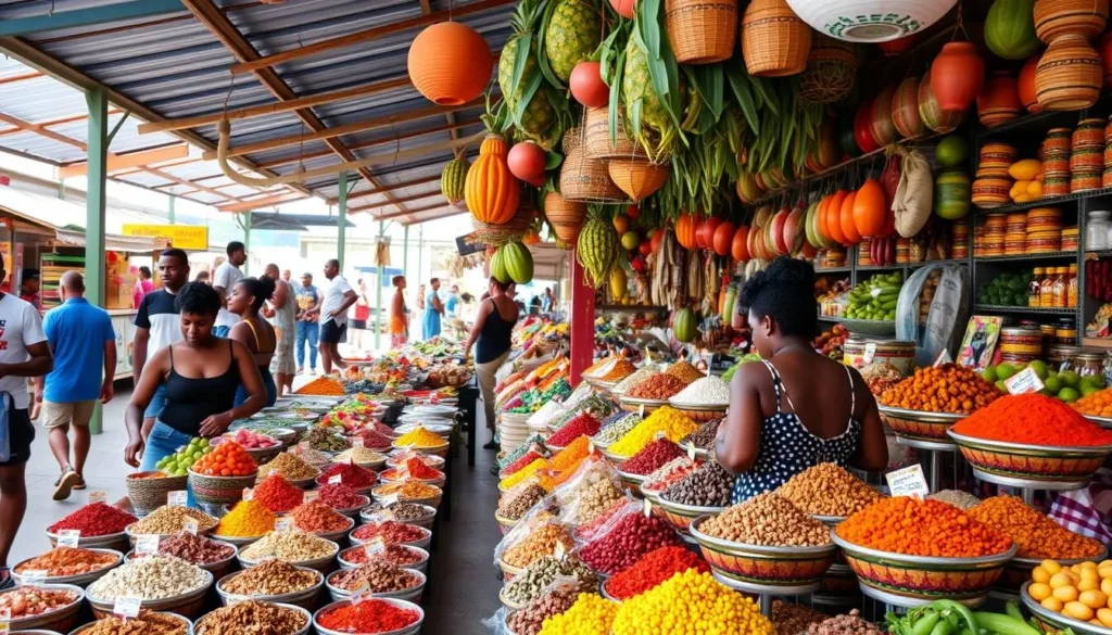 Colorful spice stall at Sainte-Anne Beach Guadeloupe market