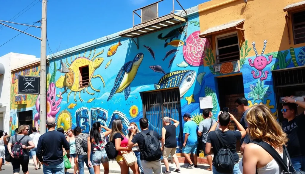 Colorful street art mural on a building wall in downtown Isla Mujeres depicting marine life Colorful street art mural on a building wall in downtown Isla Mujeres depicting marine life