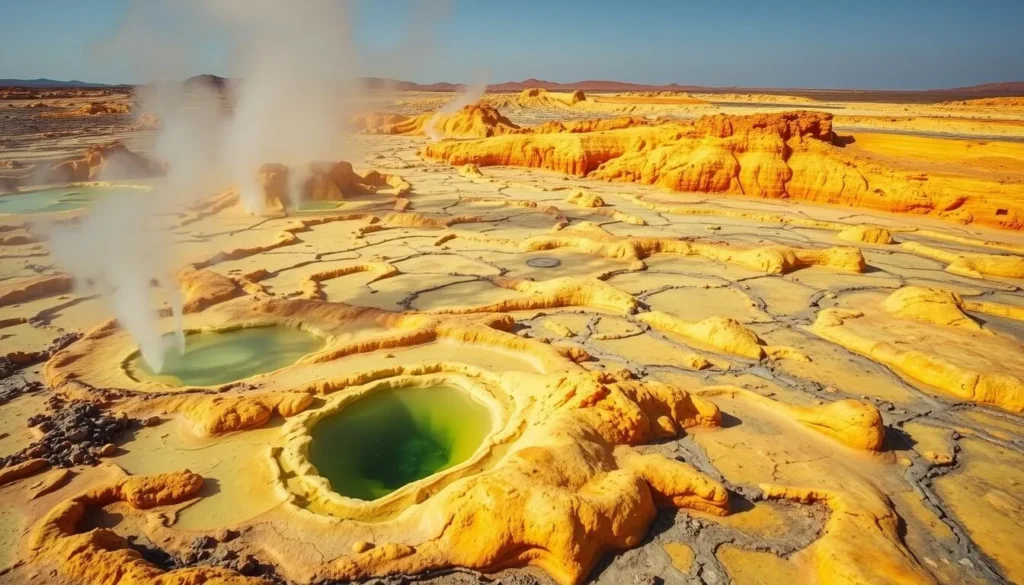 Colorful sulfur formations and acid pools in the Danakil Depression of the Great Rift Valley