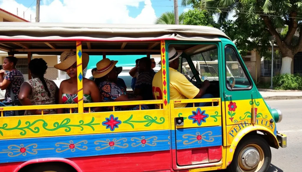 Colorful tap-tap public transportation in Cap-Haitien with passengers