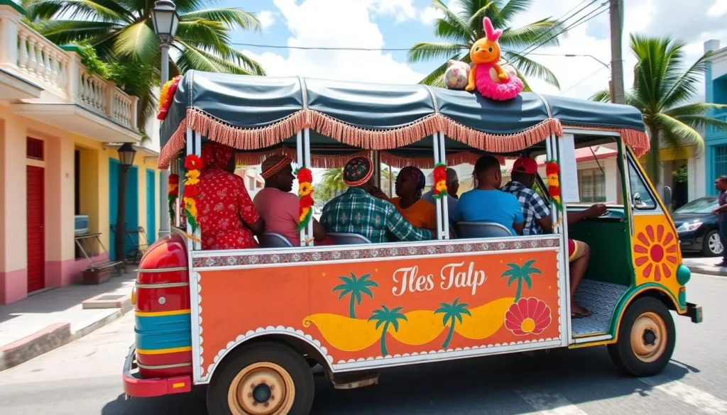 Colorful tap-tap shared taxi in Les Cayes with passengers