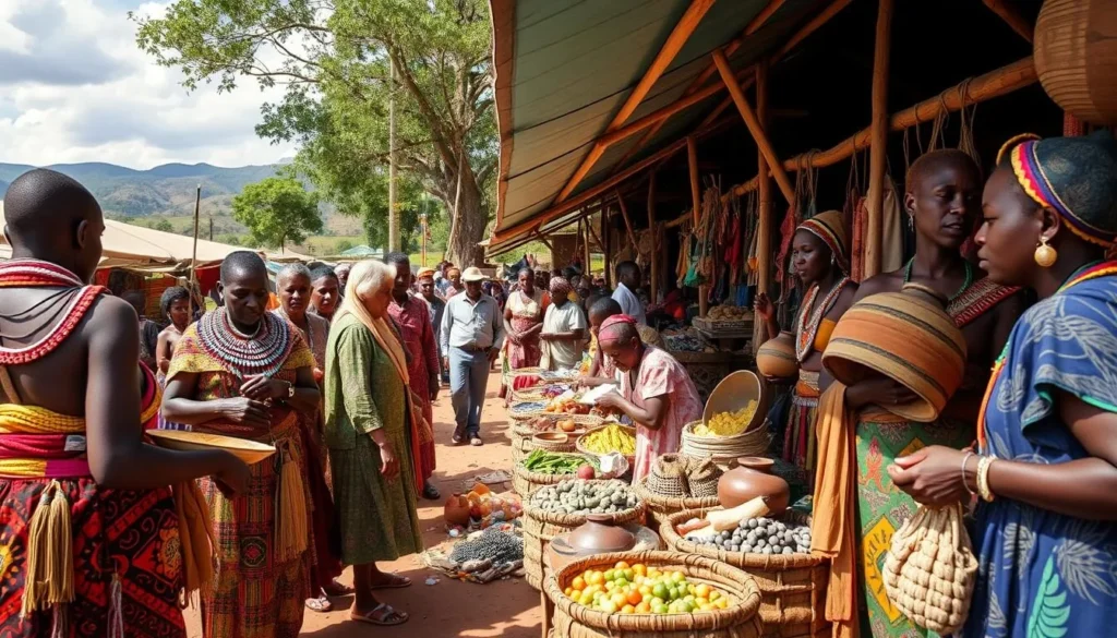 Colorful tribal market day in the Omo Valley with various tribes trading goods and socializing