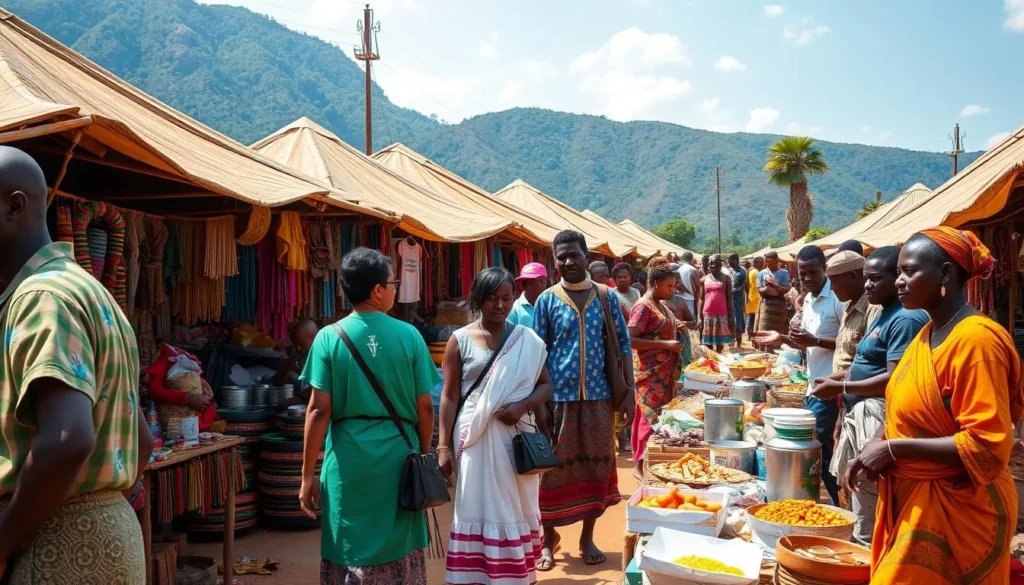 Colorful tribal market in Omo Valley with diverse visitors observing local trading activities
