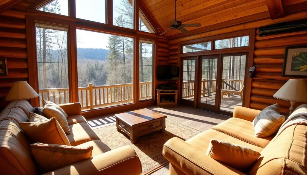 Comfortable cabin accommodation near Apple River Canyon with forest views