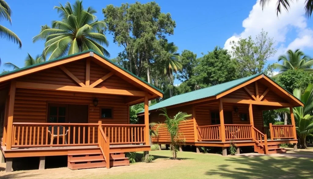 Comfortable cabins at Lake Mainstay Resort surrounded by tropical vegetation