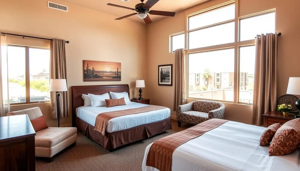 Comfortable hotel accommodations near Colorado River State Historic Park with desert-themed decor