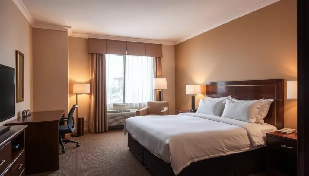 Comfortable hotel room in Danville with modern amenities and warm decor Comfortable hotel room in Danville with modern amenities and warm decor