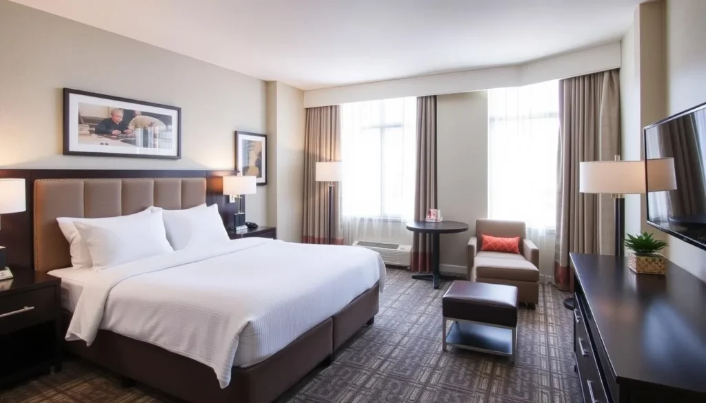 Comfortable hotel room in McCandless area with modern furnishings and natural light Comfortable hotel room in McCandless area with modern furnishings and natural light