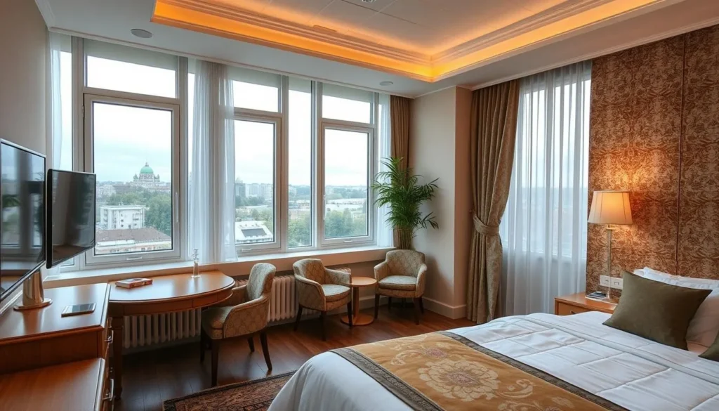 Comfortable hotel room in Penza with traditional Russian design elements