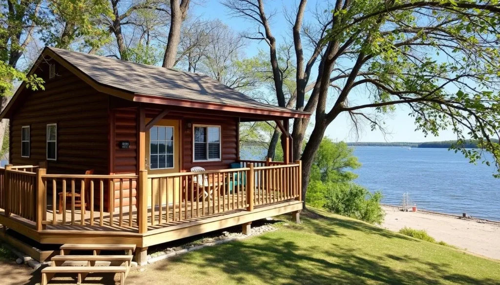 Comfortable lodging option near Beaver Island Illinois showing a riverside cabin with deck overlooking the Mississippi Comfortable lodging option near Beaver Island Illinois showing a riverside cabin with deck overlooking the Mississippi