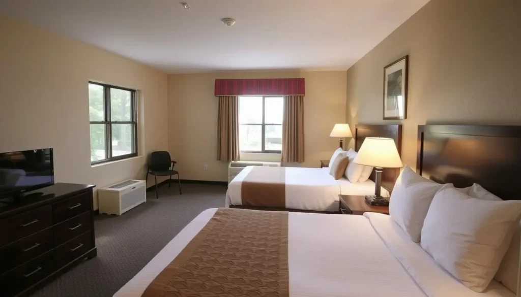 Comfortable lodging option near Heidecke Lake State Park Illinois showing a cozy hotel room with natural light Comfortable lodging option near Heidecke Lake State Park Illinois showing a cozy hotel room with natural light