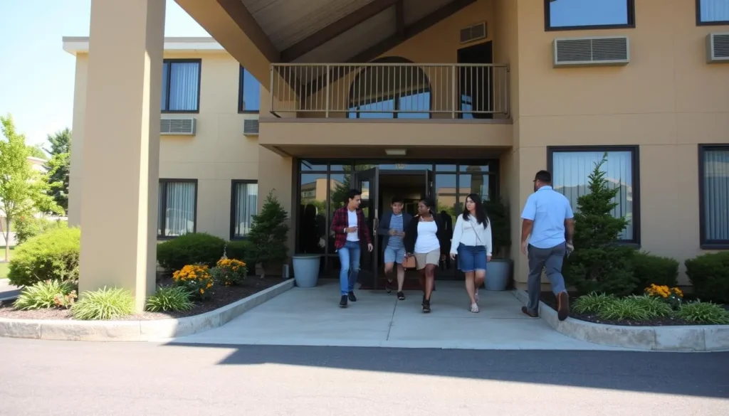 Comfortable lodging option near Penn Hills showing a welcoming hotel exterior with landscaped grounds