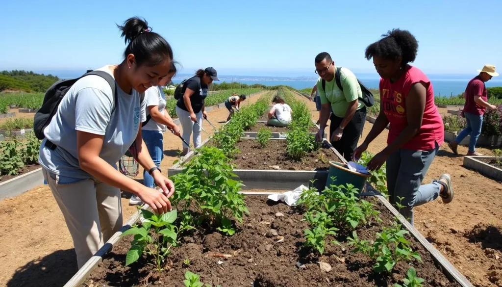 Community garden at Candlestick Point State Recreation Area California with diverse volunteers