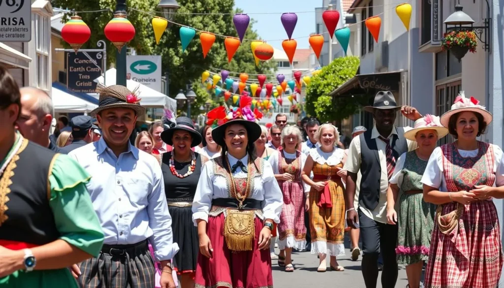 Cornish festival celebration in Moonta on Yorke Peninsula South Australia with diverse participants in traditional costumes