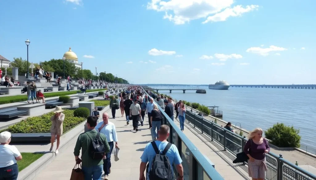 Cosmonauts' Embankment along the Volga River with people strolling and enjoying the views Cosmonauts' Embankment along the Volga River with people strolling and enjoying the views