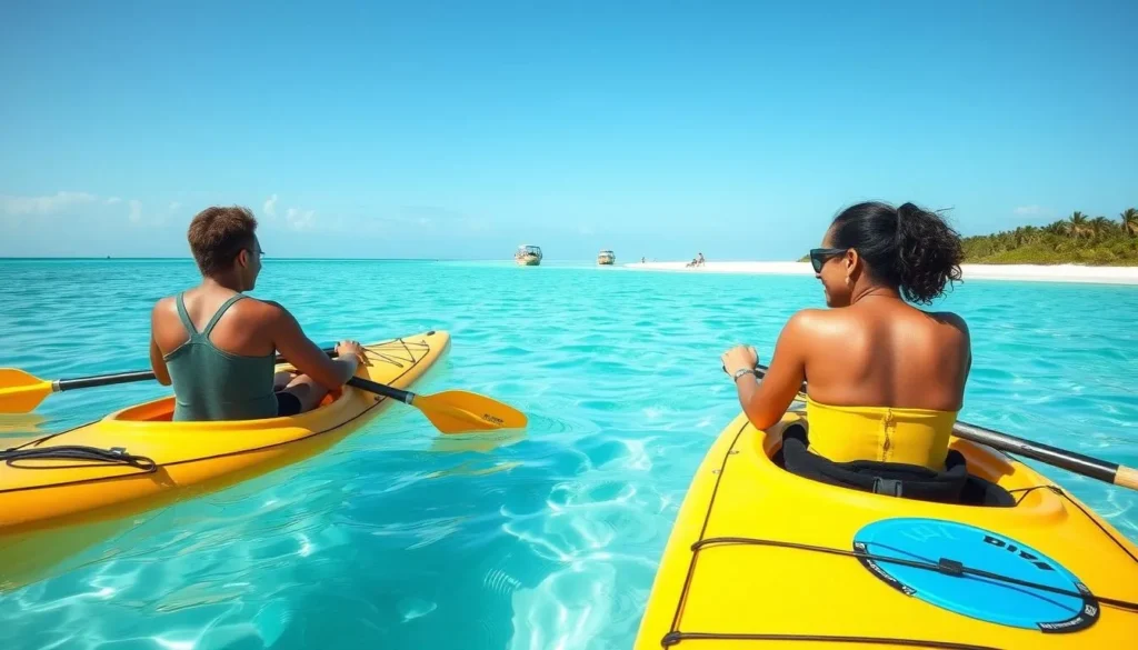 Couple enjoying kayaking in the clear waters around Parrot Cay Couple enjoying kayaking in the clear waters around Parrot Cay