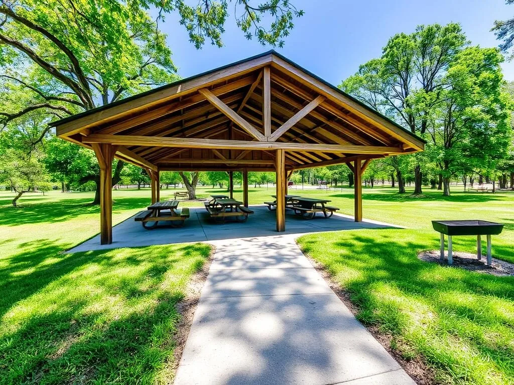 Covered picnic shelter at Frank Holten State Park with tables and barbecue pits Covered picnic shelter at Frank Holten State Park with tables and barbecue pits