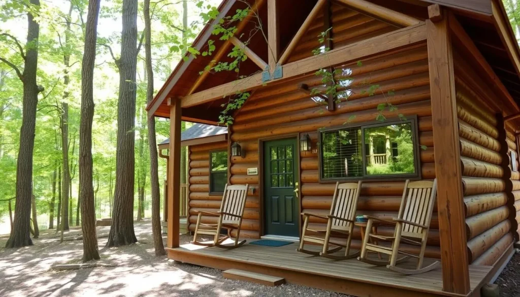 Cozy cabin accommodation in the woods near Bald Knob with a porch overlooking the forest
