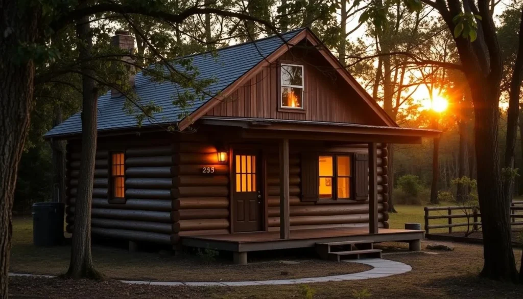 Cozy cabin accommodation near Cameron Prairie National Wildlife Refuge surrounded by trees