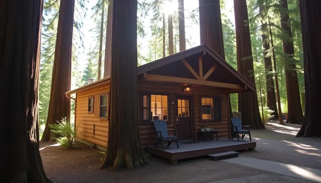 Cozy cabin accommodation near John B. Dewitt Redwoods State Natural Reserve surrounded by redwood trees Cozy cabin accommodation near John B. Dewitt Redwoods State Natural Reserve surrounded by redwood trees