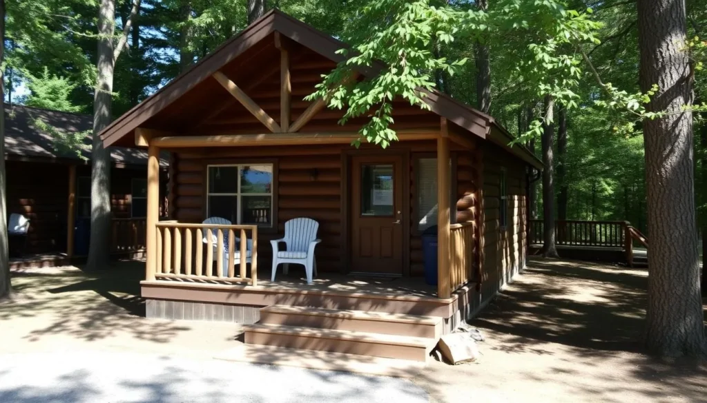 Cozy cabin accommodation near LaSalle Lake State Park surrounded by trees with a small porch Cozy cabin accommodation near LaSalle Lake State Park surrounded by trees with a small porch