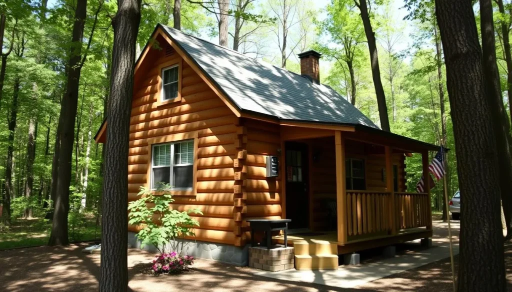 Cozy cabin accommodation near Pine Creek Gorge with forest views