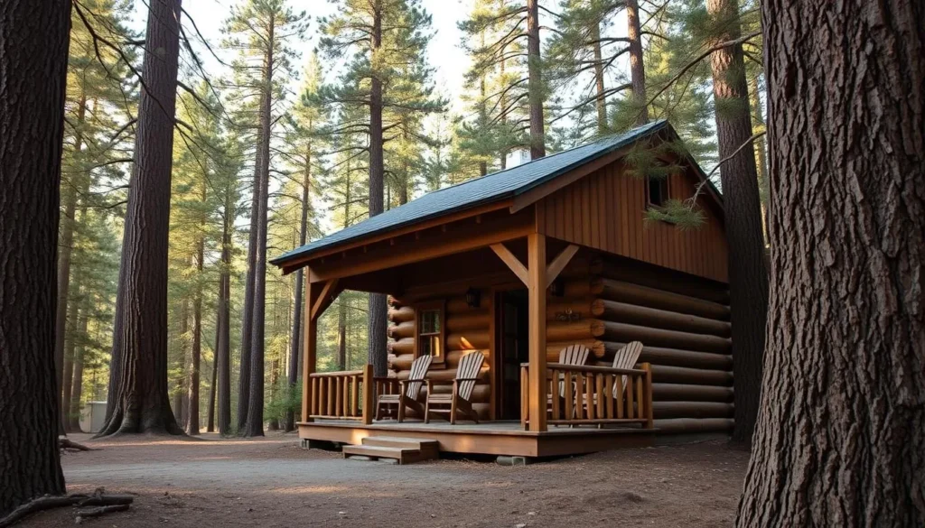 Cozy cabin accommodations near Calaveras Big Trees State Park surrounded by tall pine trees Cozy cabin accommodations near Calaveras Big Trees State Park surrounded by tall pine trees