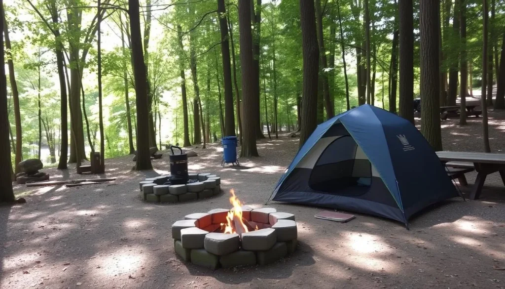 Cozy camping site at Laurel Hill State Park with tent, campfire and forest backdrop Cozy camping site at Laurel Hill State Park with tent, campfire and forest backdrop