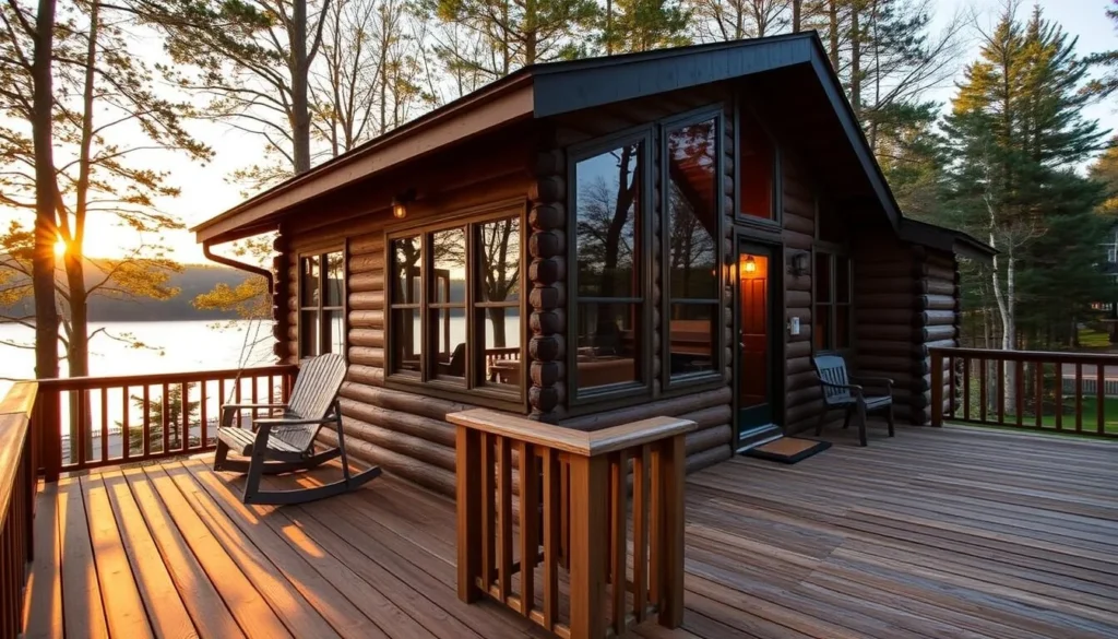 Cozy lakeside cabin accommodation at Lake Ariel with deck overlooking the water Cozy lakeside cabin accommodation at Lake Ariel with deck overlooking the water