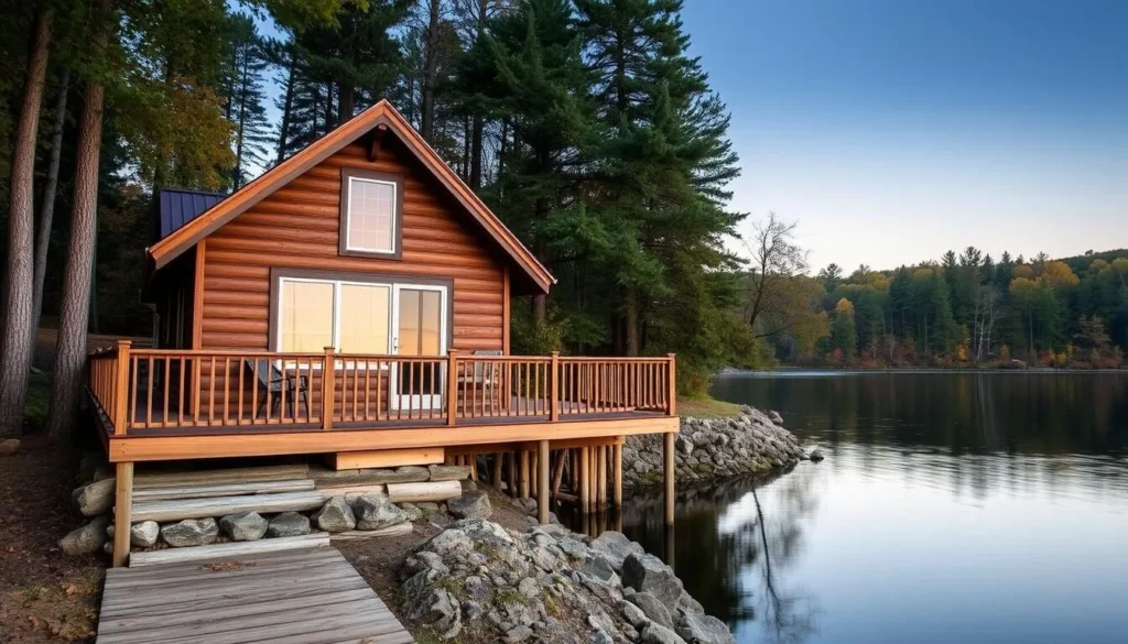 Cozy lakeside cabin accommodation near Lake LeBoeuf with deck overlooking the water Cozy lakeside cabin accommodation near Lake LeBoeuf with deck overlooking the water
