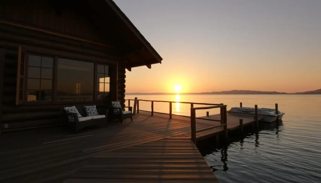 Cozy lakeside cabin at Lake of Egypt with a deck overlooking the water at sunset Cozy lakeside cabin at Lake of Egypt with a deck overlooking the water at sunset