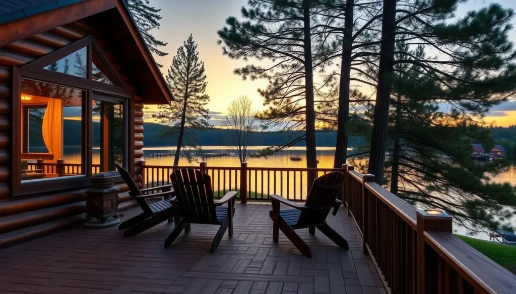 Cozy lakeside cabin with a wooden deck overlooking Lake Genero at sunset Cozy lakeside cabin with a wooden deck overlooking Lake Genero at sunset