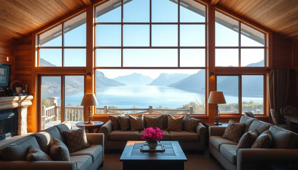 Cozy lodge accommodation in Te Anau with view of Lake Te Anau and mountains