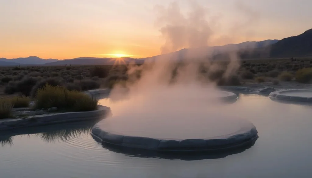Crab Cooker Hot Springs at sunrise with steam rising from the water Crab Cooker Hot Springs at sunrise with steam rising from the water