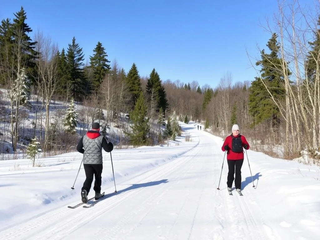Cross-country skiers enjoying winter trails at Franklin Creek State Park