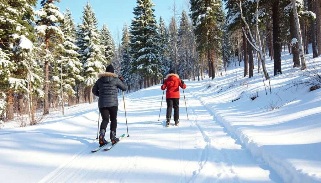 Cross-country skiers on a snow-covered trail at Oil Creek State Park