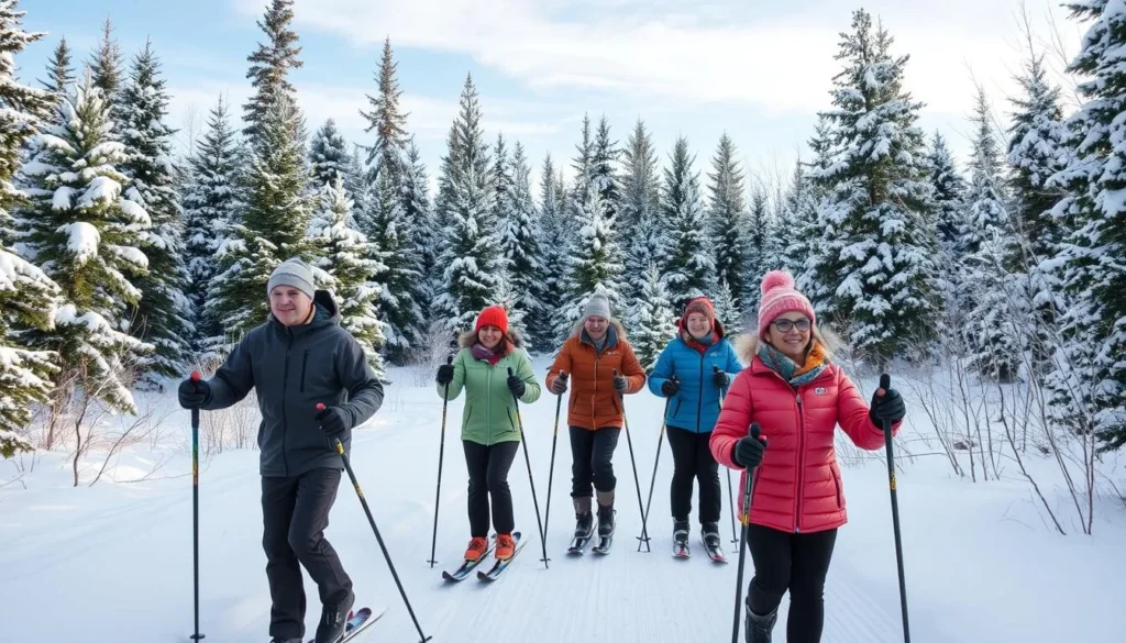 Cross-country skiers on a snow-covered trail through the winter forest at Promised Land State Park Cross-country skiers on a snow-covered trail through the winter forest at Promised Land State Park